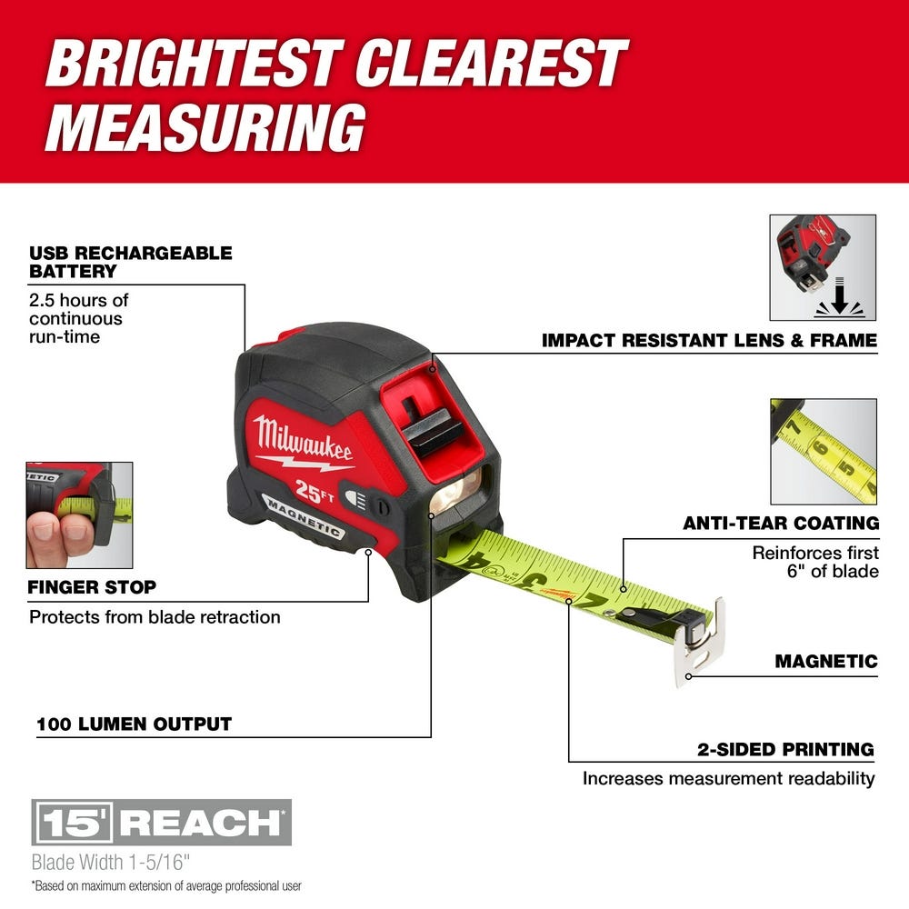 Milwaukee 48-22-0428 25ft Compact Wide Blade Magnetic Tape Measure w/ Rechargeable 100-Lumen Light