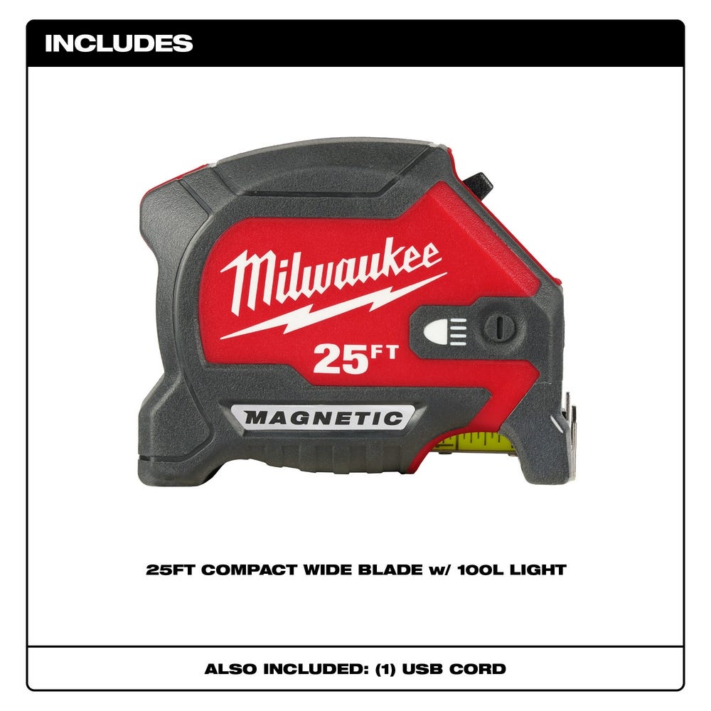 Milwaukee 48-22-0428 25ft Compact Wide Blade Magnetic Tape Measure w/ Rechargeable 100-Lumen Light