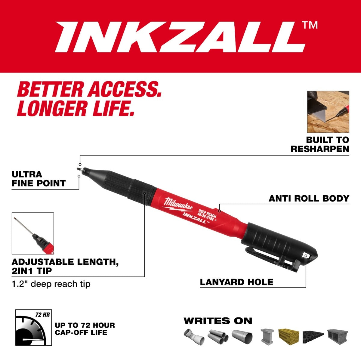 Milwaukee 48-22-3152 INKZALL 2IN1 Deep Reach Ultra Fine Point Black Jobsite Marker