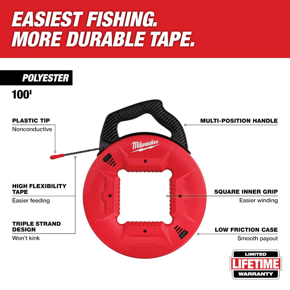 Milwaukee 48-22-4165 100 Polyester Fish Tape w/ Non-conductive Tip
