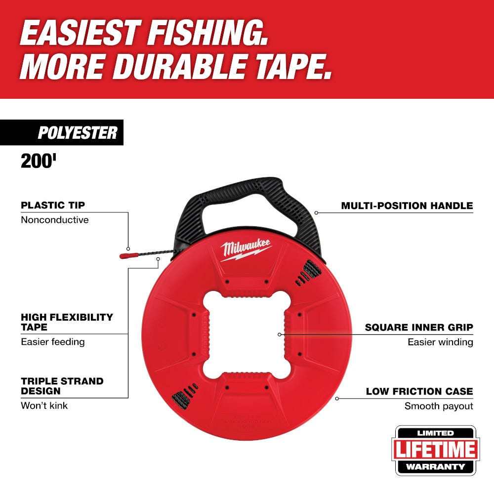 Milwaukee 48-22-4167 200 Polyester Fish Tape w/ Non-conductive Tip