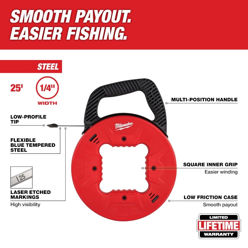 Milwaukee 48-22-4181 25' 1/4" Steel Fish Tape with Low Profile Tip