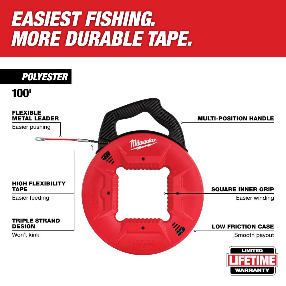 Milwaukee 48-22-4195 100' Polyester Fish Tape w/ Flexible Metal Leader