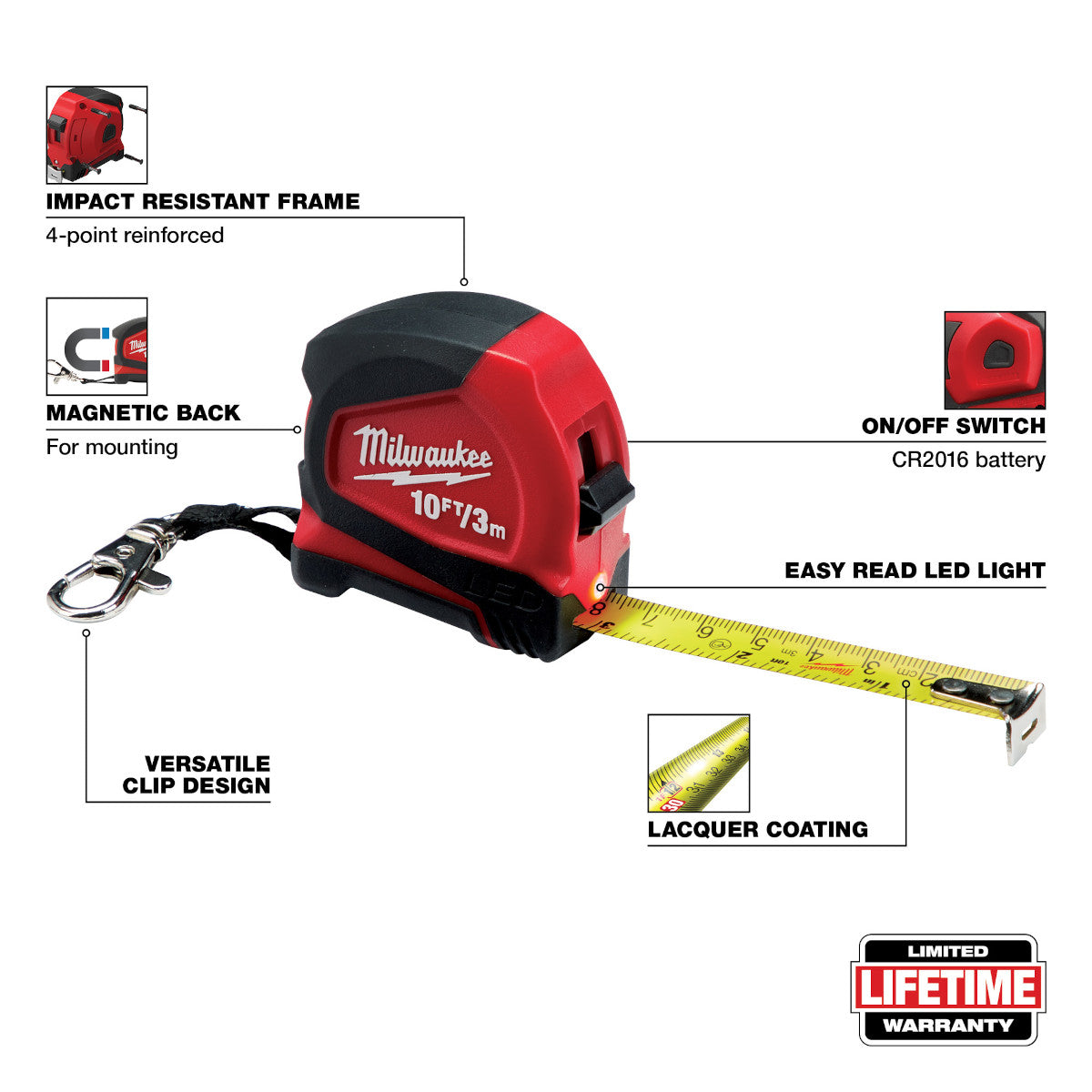 Milwaukee 48-22-6601 Milwaukee 10ft / 3m Keychain Tape Measure with LED
