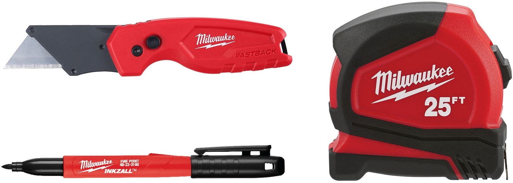Milwaukee 48-22-6625 25ft Compact Tape Measure, 48-22-1500 Fastback Compact Utility Knife, and 48-22-3105 2PK Fine Point Black Markers Combo Kit