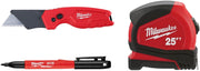 Milwaukee 48-22-6625 25ft Compact Tape Measure, 48-22-1500 Fastback Compact Utility Knife, and 48-22-3105 2PK Fine Point Black Markers Combo Kit