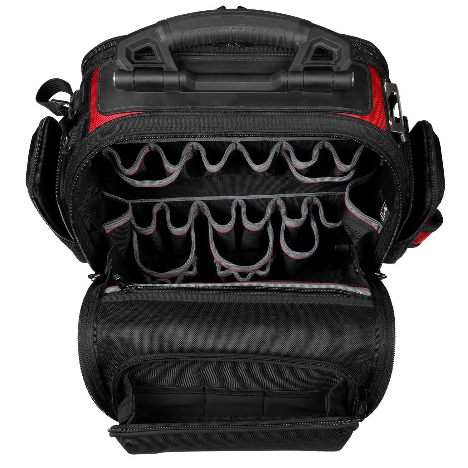 black leather backpack with silver milwaukee SH640R Right Side Tall Slanted PVC Swing Arm two side pockets Milwaukee 14 in. Low Profile