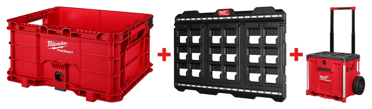 Milwaukee 48-22-8440 PACKOUT Crate + 48-22-8497 PACKOUT Large Wall Plate + 48-22-8420 PACKOUT Rolling Drawer Tool Box