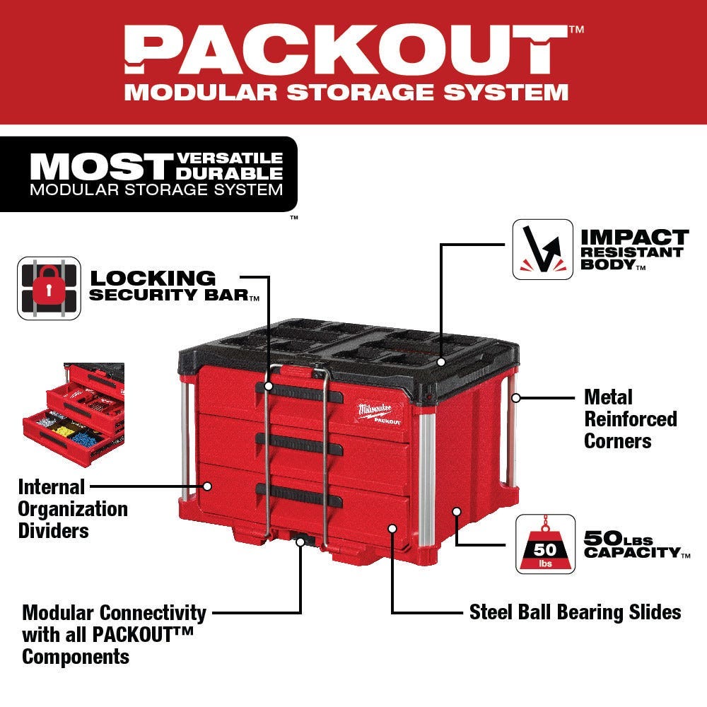 Milwaukee 48-22-8443 PACKOUT 3-Drawer Tool Box, PACKOUT Deep Organizer and Drawer Dividers