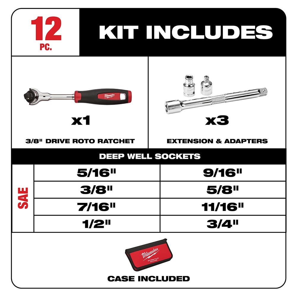 Milwaukee 48-22-9000 12-Piece  3/8" Drive Sae Socket Set