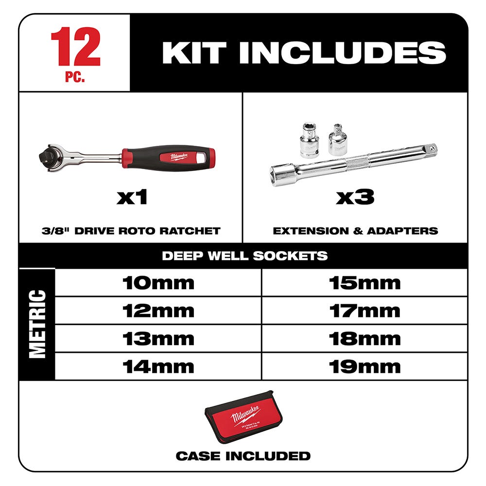 Milwaukee 48-22-9001 12-Piece  3/8" Drive Metric Socket Set