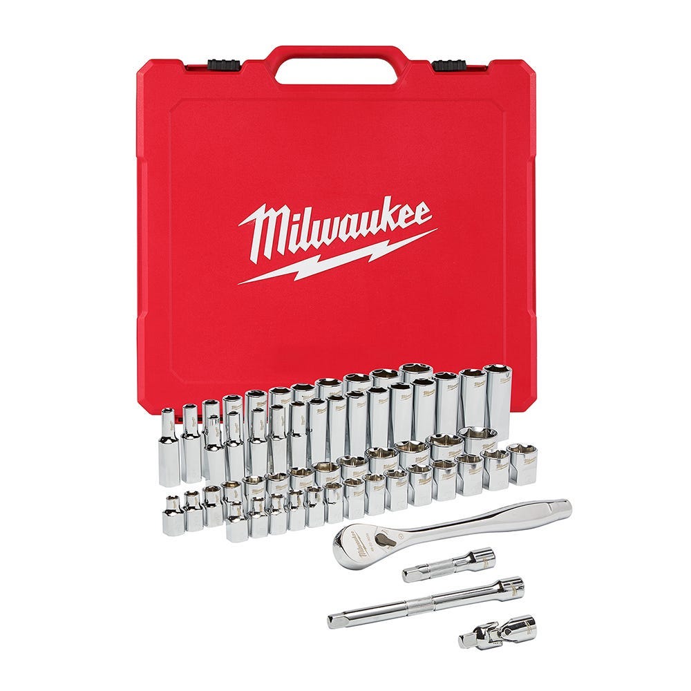 Milwaukee PACKOUT Compact Low-Profile Organizer and 3/8" Drive 56-Piece Ratchet & Socket Set