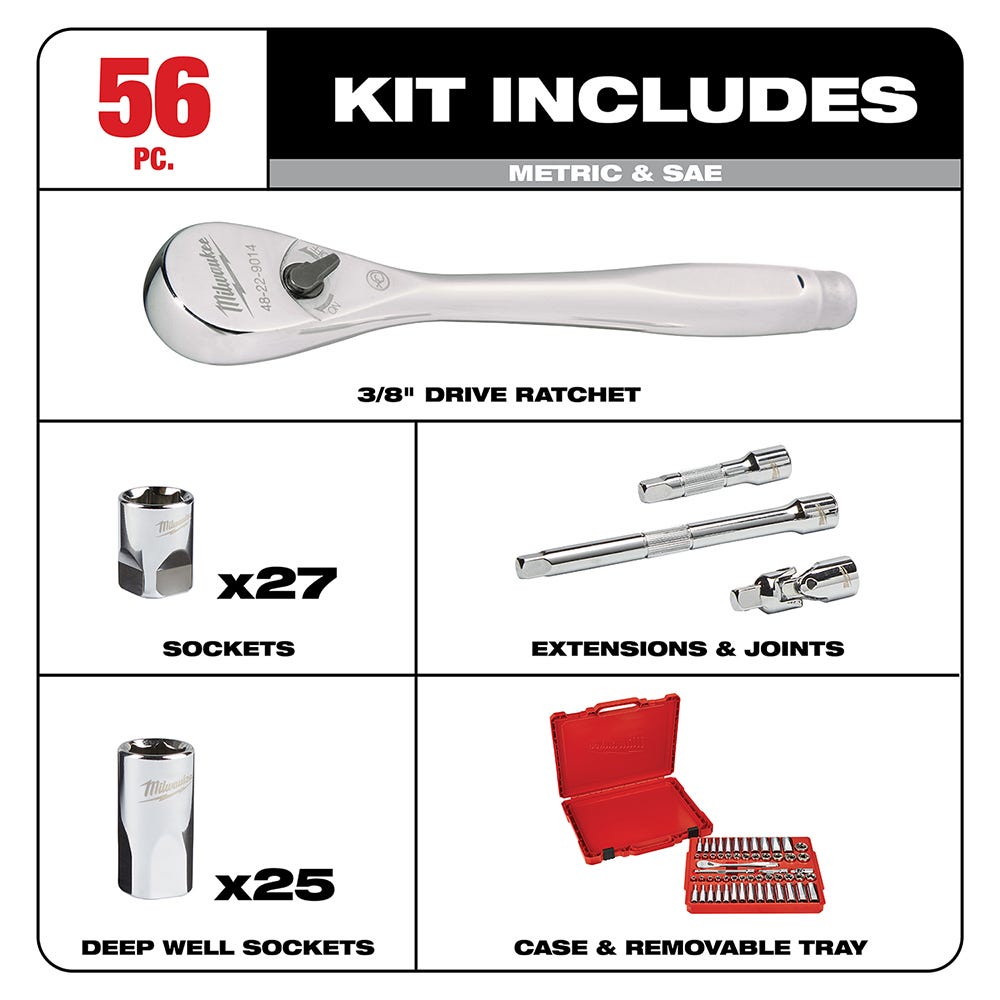 Milwaukee 48-22-9008 3/8" Drive 56-Piece Ratchet & Socket Set, SAE / Metric