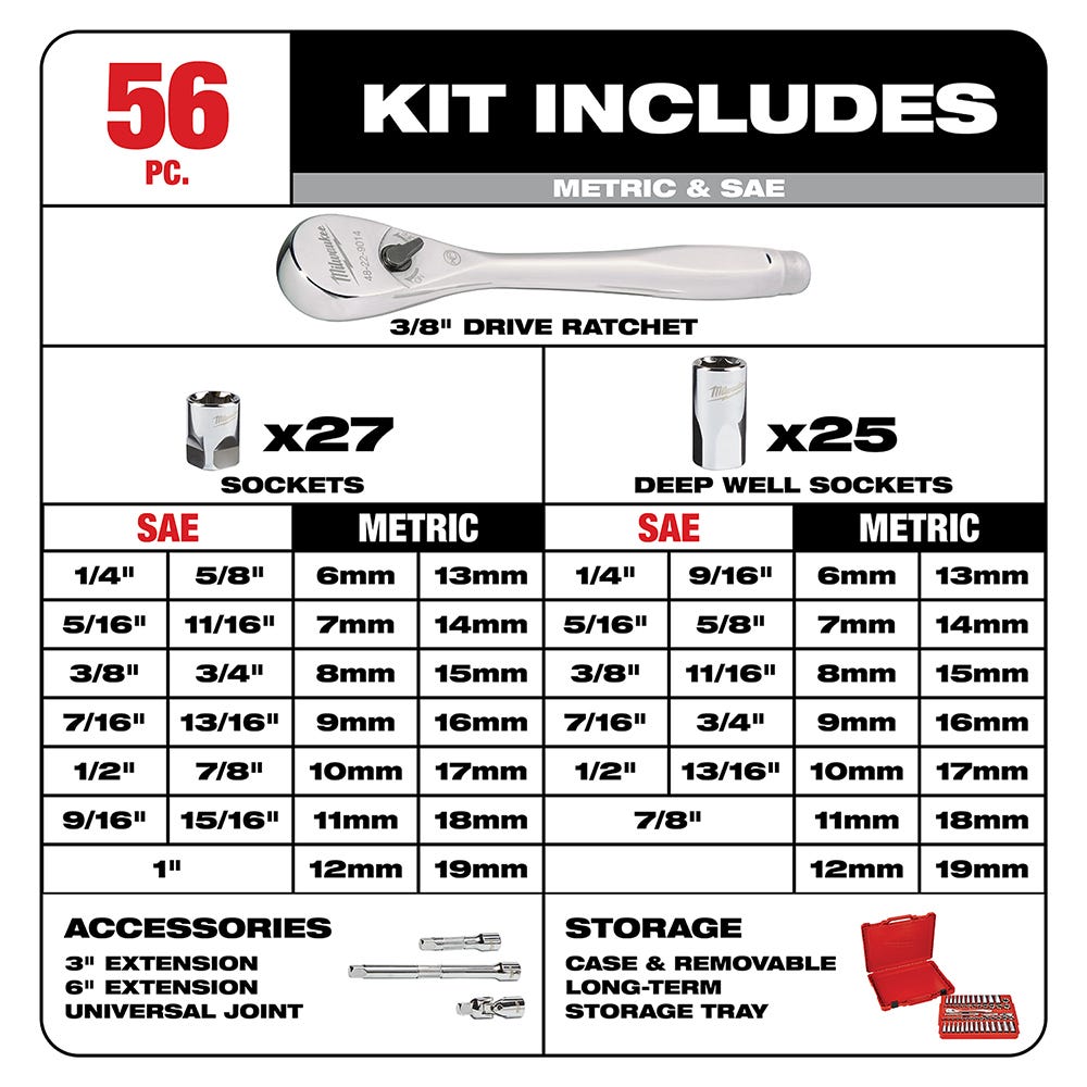 Milwaukee 48-22-9008 3/8" Drive 56-Piece Ratchet & Socket Set, SAE / Metric