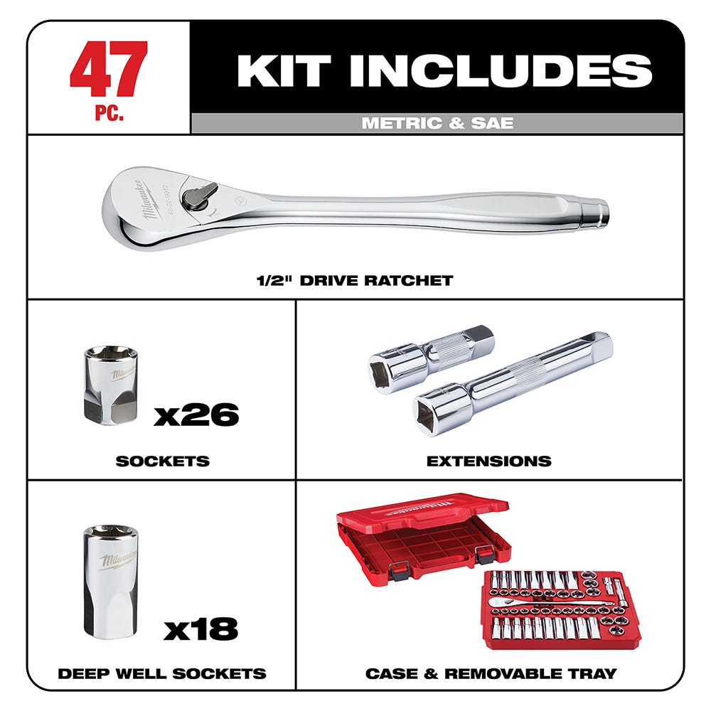 Milwaukee 48-22-9010 1/2" Drive 47-Piece SAE/Metric Ratchet And Socket Set