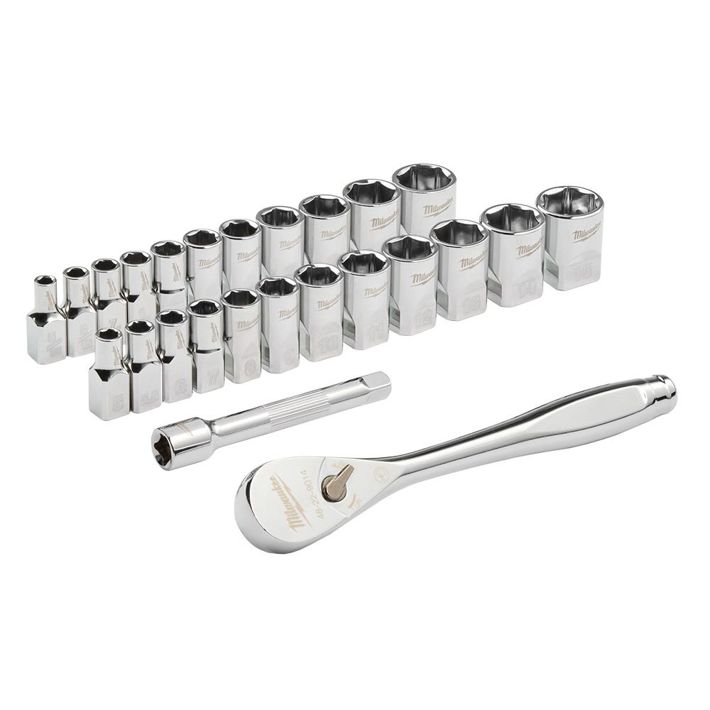 Milwaukee 48-22-9044 25pc 1/4" Drive Metric & SAE Ratchet and Socket Set with Four Flat Sides