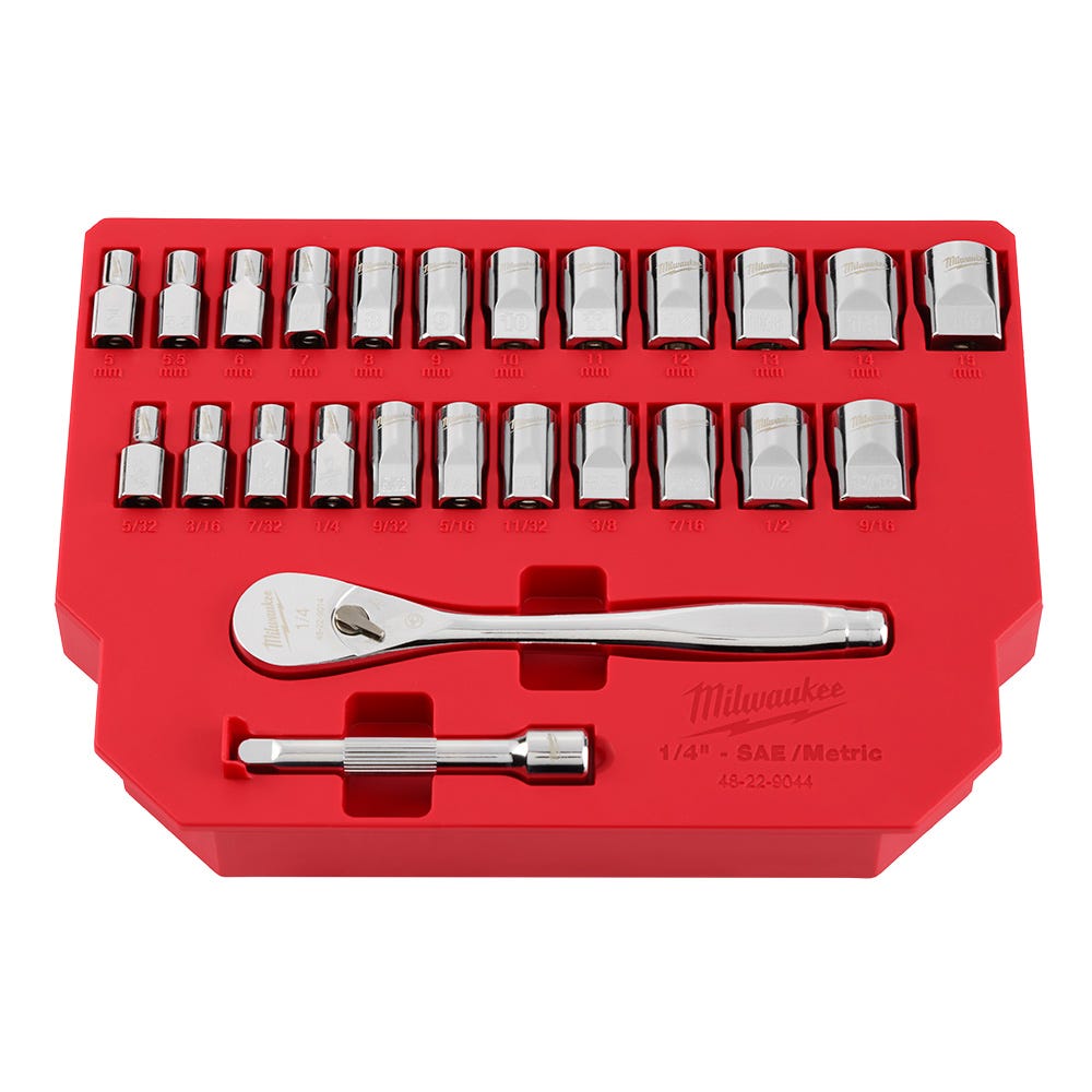 Milwaukee 48-22-9044 25pc 1/4" Drive Metric & SAE Ratchet and Socket Set with Four Flat Sides