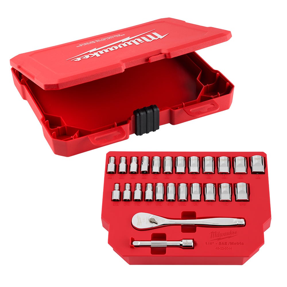 Milwaukee 48-22-9044 25pc 1/4" Drive Metric & SAE Ratchet and Socket Set with Four Flat Sides