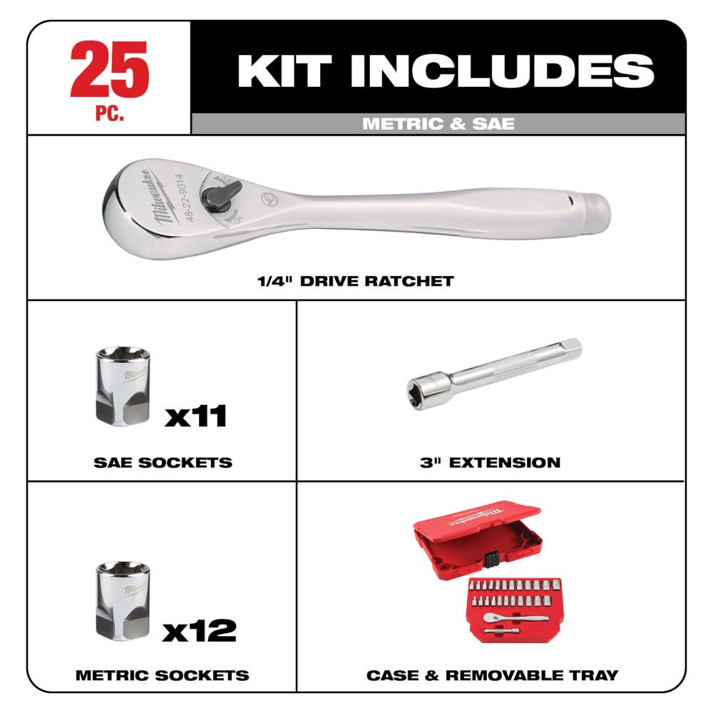 Milwaukee 48-22-9044 25pc 1/4" Drive Metric & SAE Ratchet and Socket Set with Four Flat Sides