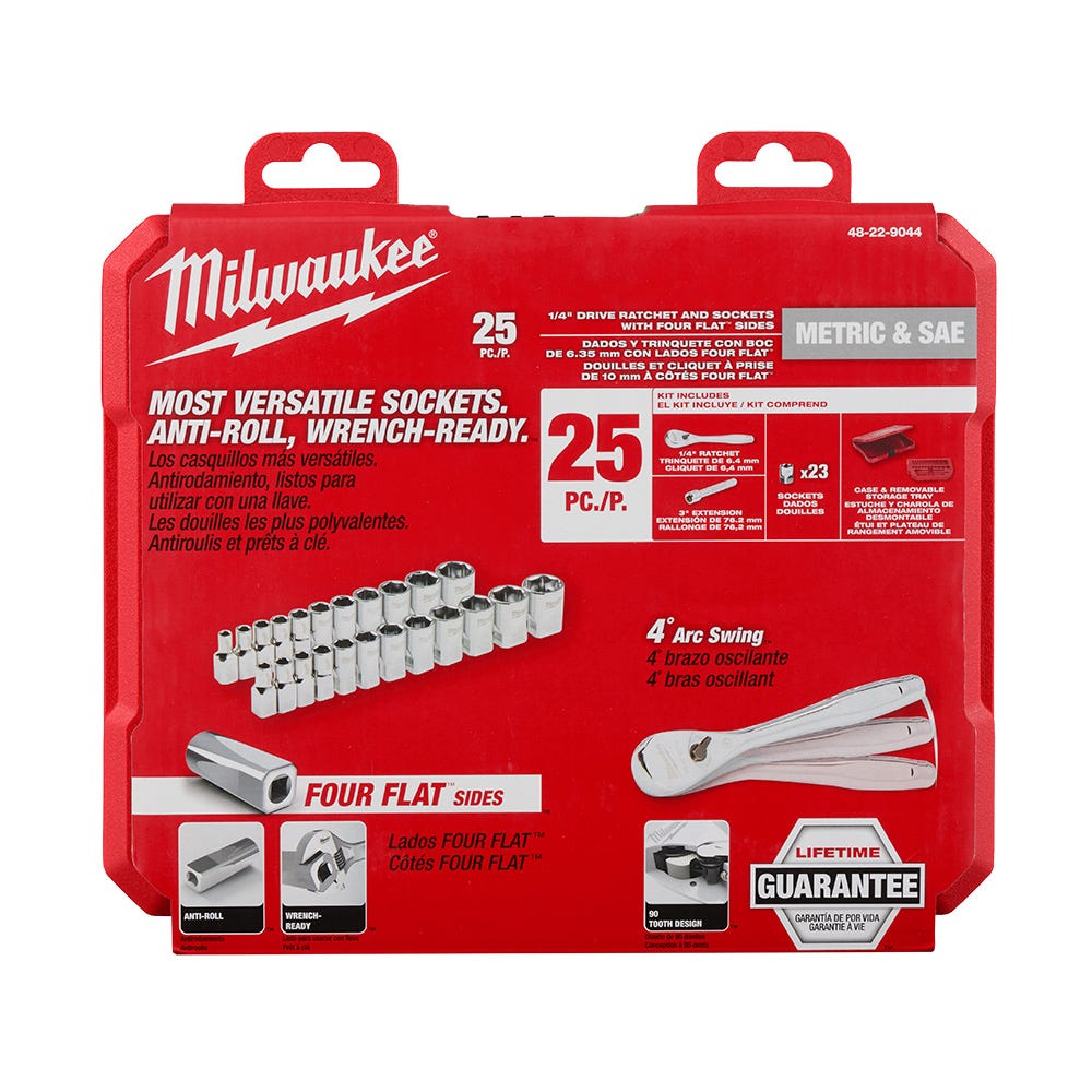 Milwaukee 48-22-9044 25pc 1/4" Drive Metric & SAE Ratchet and Socket Set with Four Flat Sides
