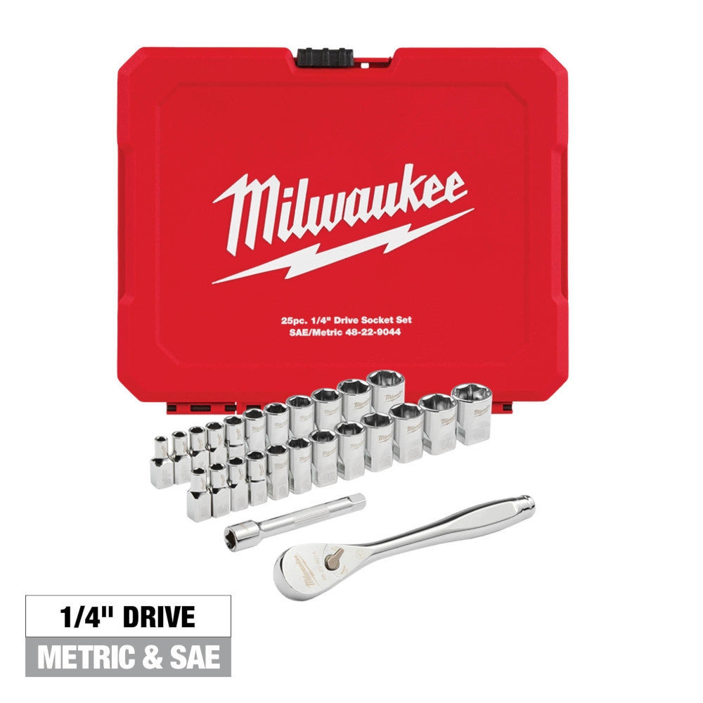 Milwaukee 48-22-9044 25pc 1/4" Drive Metric & SAE Ratchet and Socket Set with Four Flat Sides