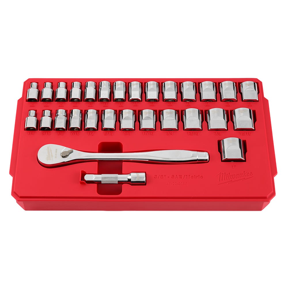 Milwaukee 48-22-9088 29pc 3/8" Drive Metric & SAE Ratchet and Socket Set with Four Flat Sides