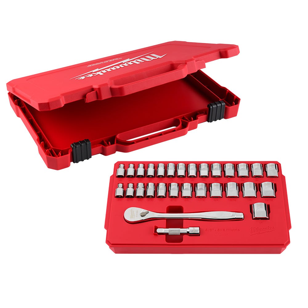 Milwaukee 48-22-9088 29pc 3/8" Drive Metric & SAE Ratchet and Socket Set with Four Flat Sides