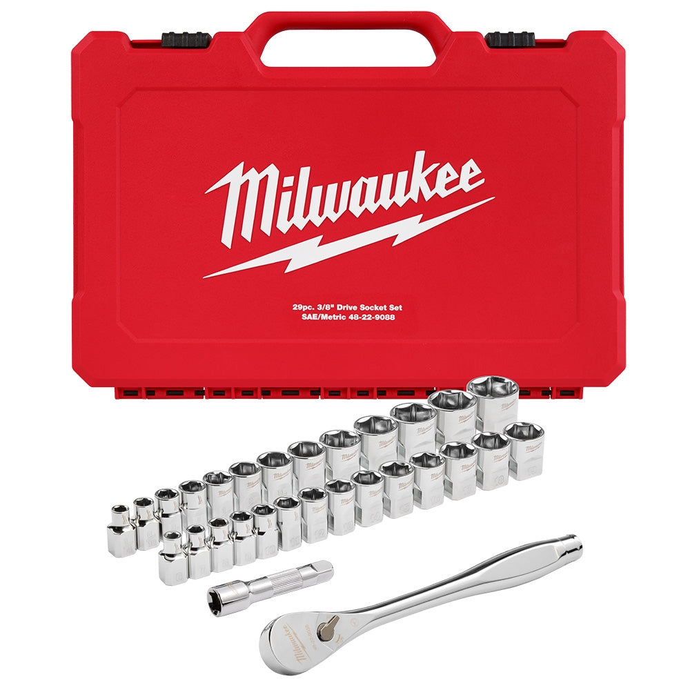 Milwaukee 48-22-9088 29pc 3/8" Drive Metric & SAE Ratchet and Socket Set with Four Flat Sides
