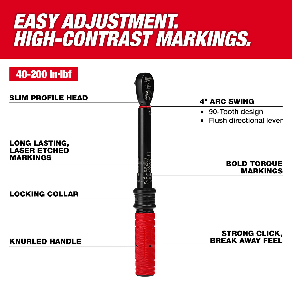 Milwaukee 48-22-9200 1/4-in. Drive Click Torque Wrench, 40-200 in·lb