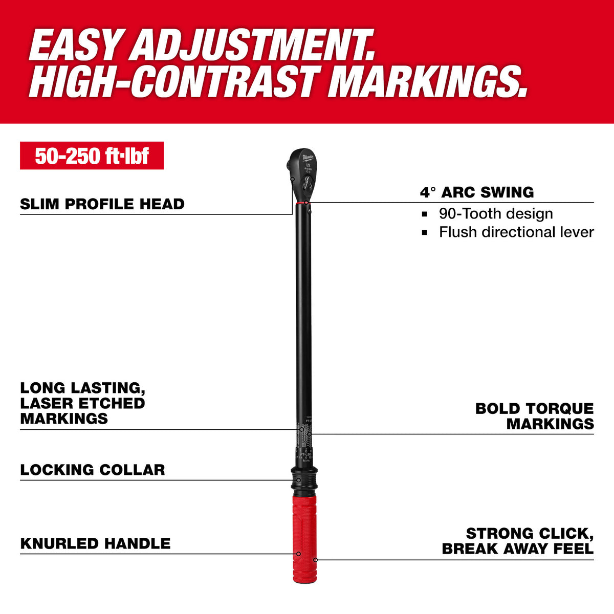 Milwaukee 48-22-9203 1/2-in. Drive Click Torque Wrench, 50-250 ft·lb