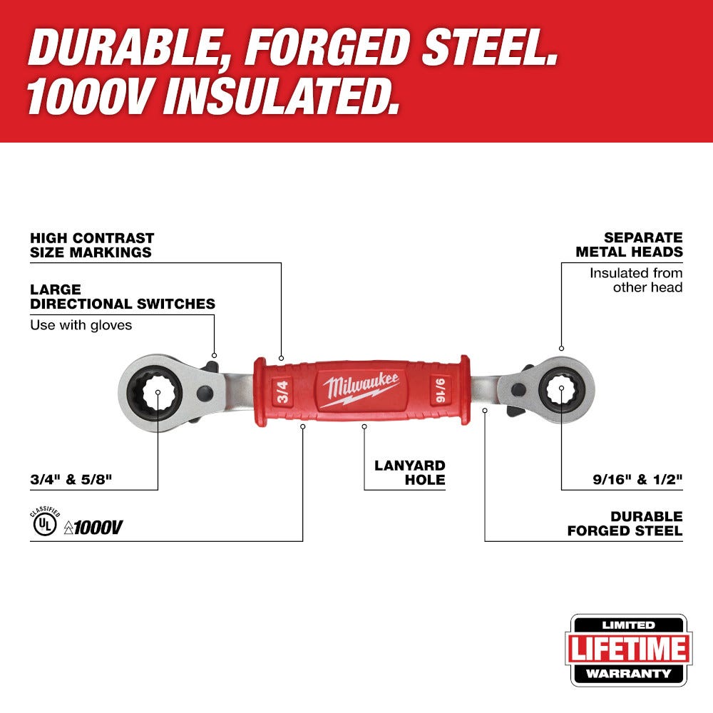 Milwaukee 48-22-9212 Lineman’s 4-in-1 Insulated Ratcheting Box Wrench