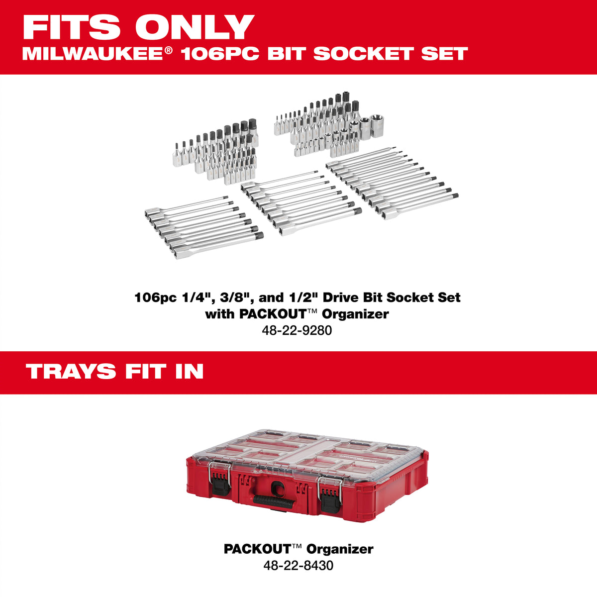 Milwaukee 48-22-9280 106-Piece Bit Socket Set sockets organized in the removable storage tray