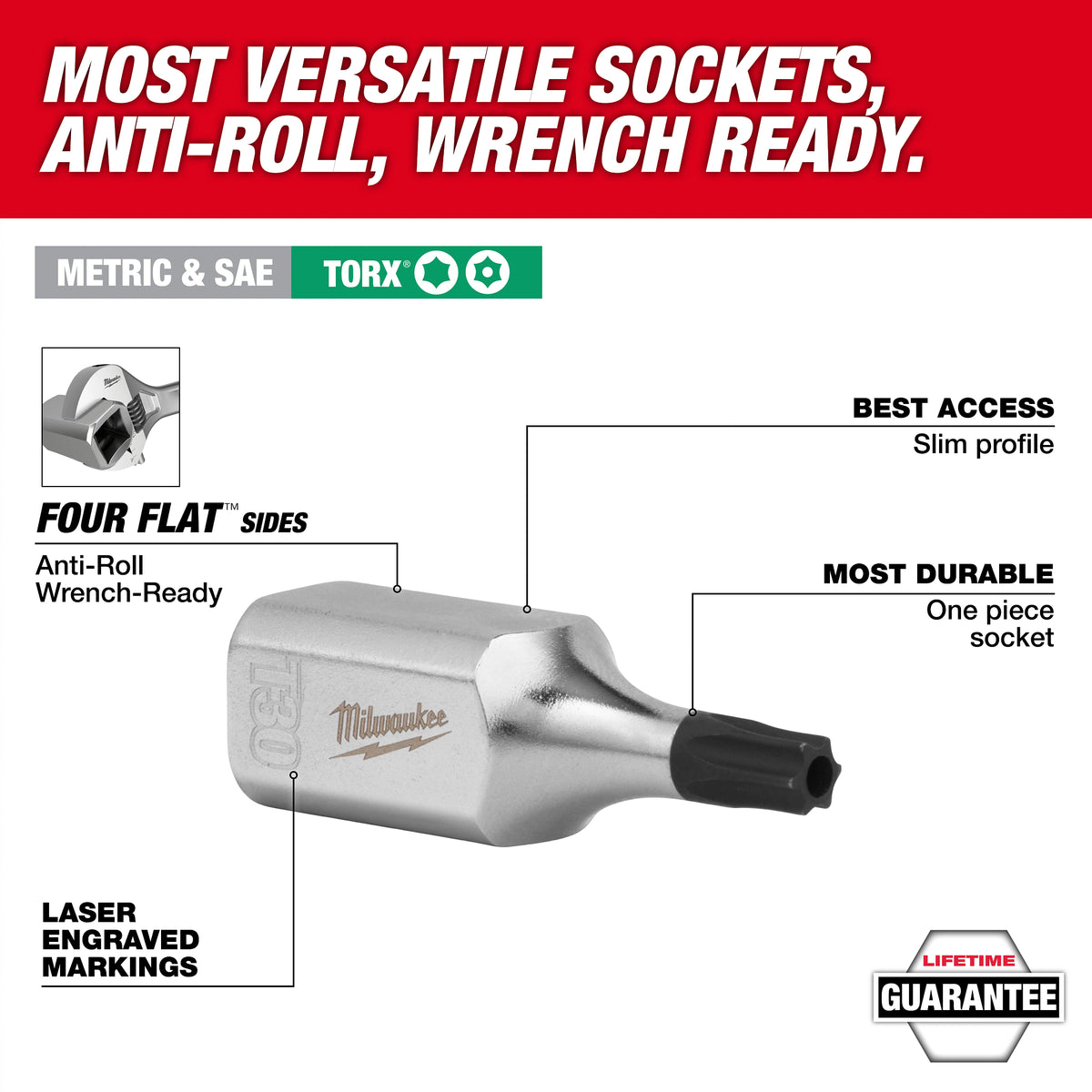Milwaukee 48-22-9280 106-Piece Bit Socket Set bit socket walk-around view showing the FOUR FLAT sides and laser-engraved size marking