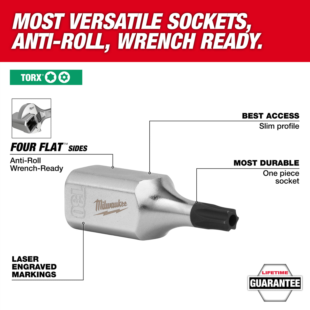 Milwaukee 48-22-9281 67-Piece TORX Bit Socket Set bit socket walk-around view showing the FOUR FLAT sides and laser-engraved size marking
