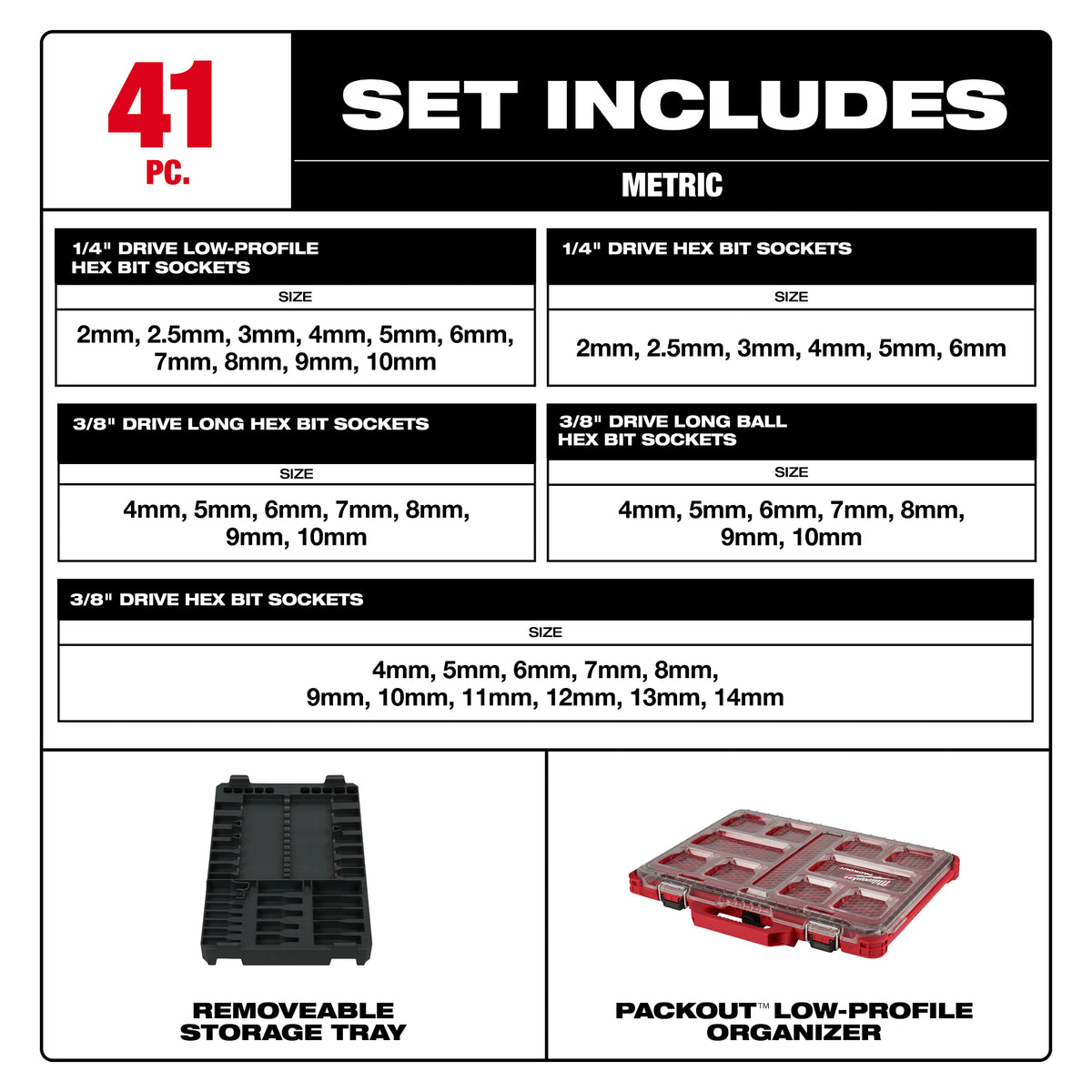 Milwaukee 48-22-9283 41-Piece Metric Hex Bit Socket Set contents laid out: bit sockets and socket adapters included in the set