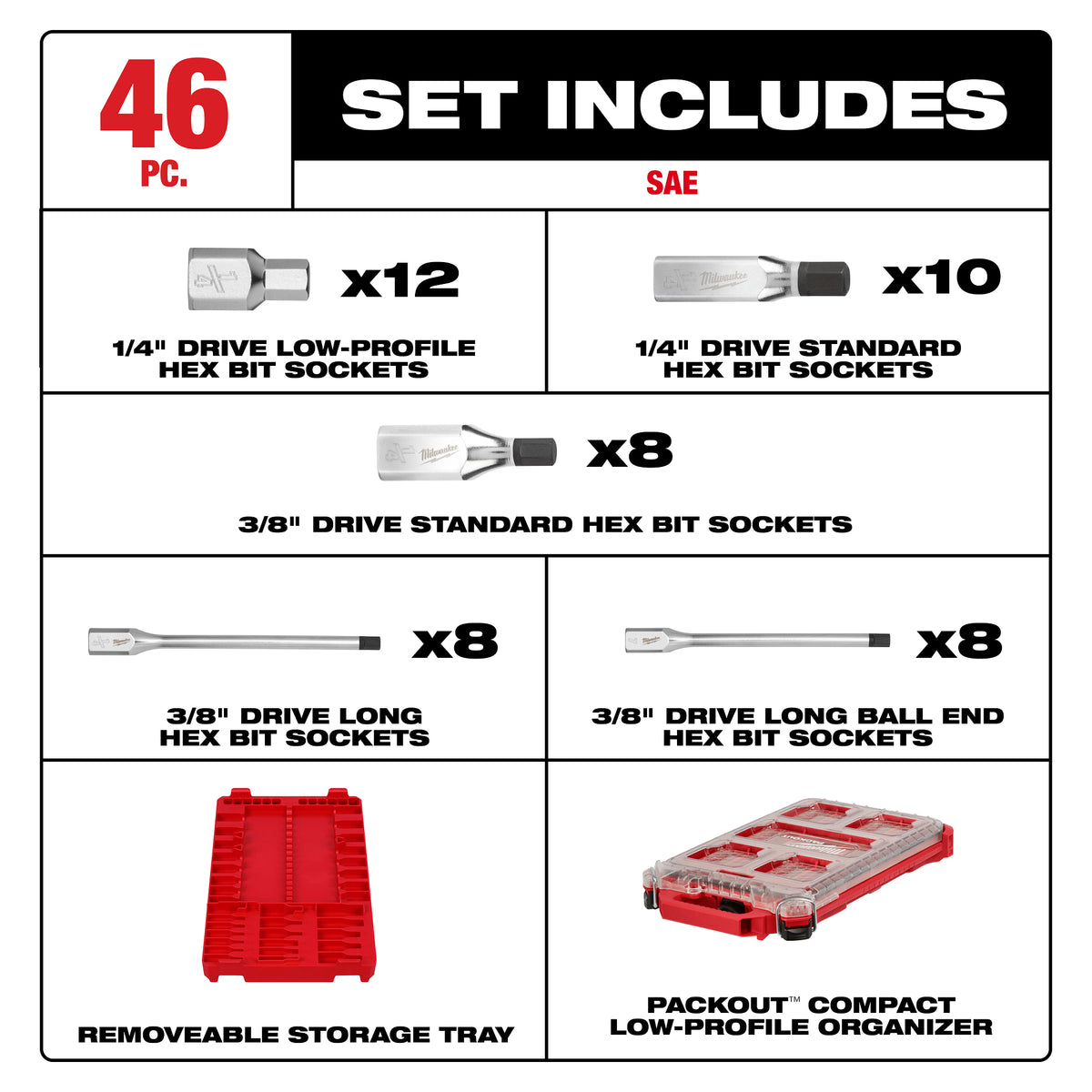 Milwaukee 48-22-9284 46-Piece SAE Hex Bit Socket Set contents laid out: bit sockets and socket adapters included in the set