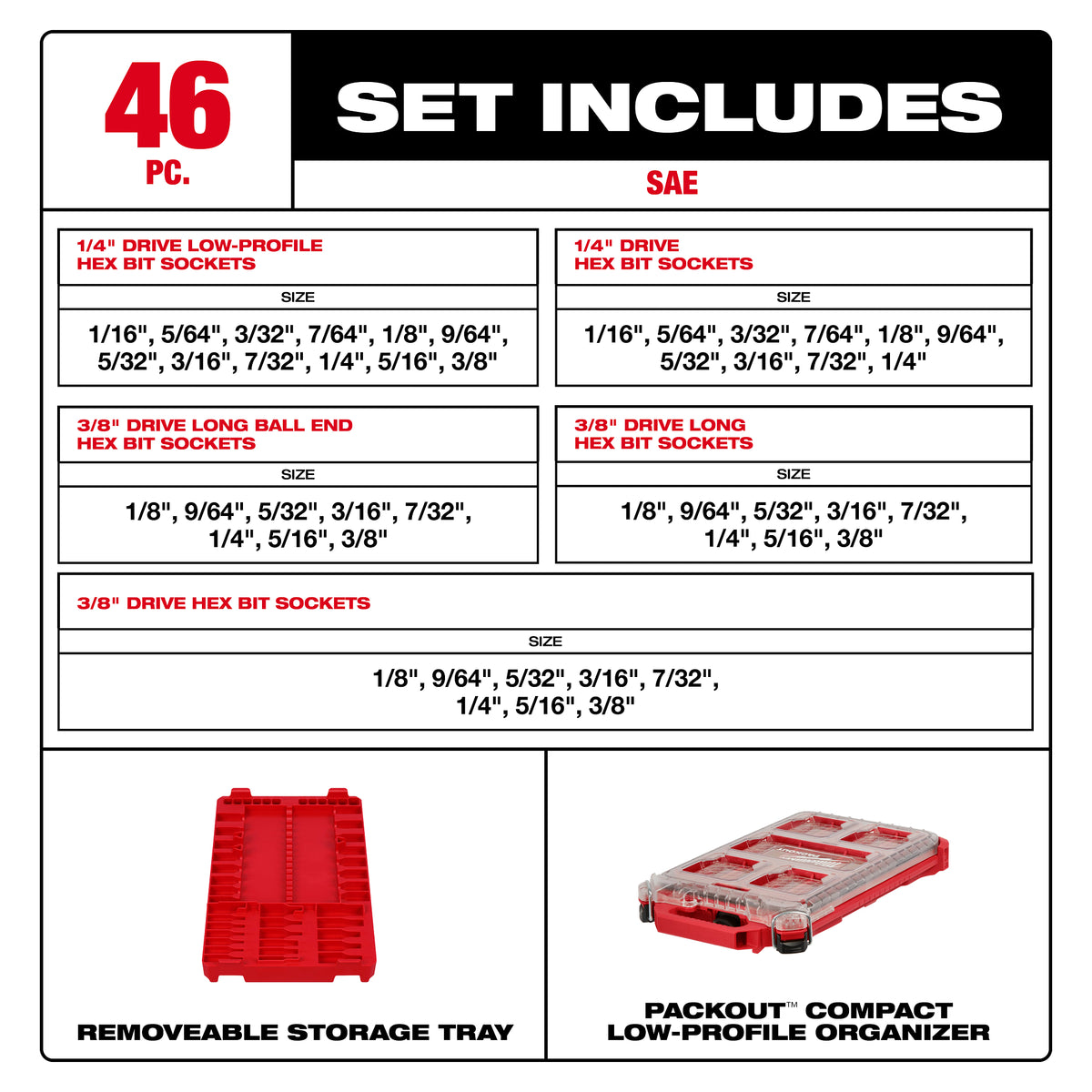 Milwaukee 48-22-9284 46-Piece SAE Hex Bit Socket Set contents laid out: bit sockets and socket adapters included in the set