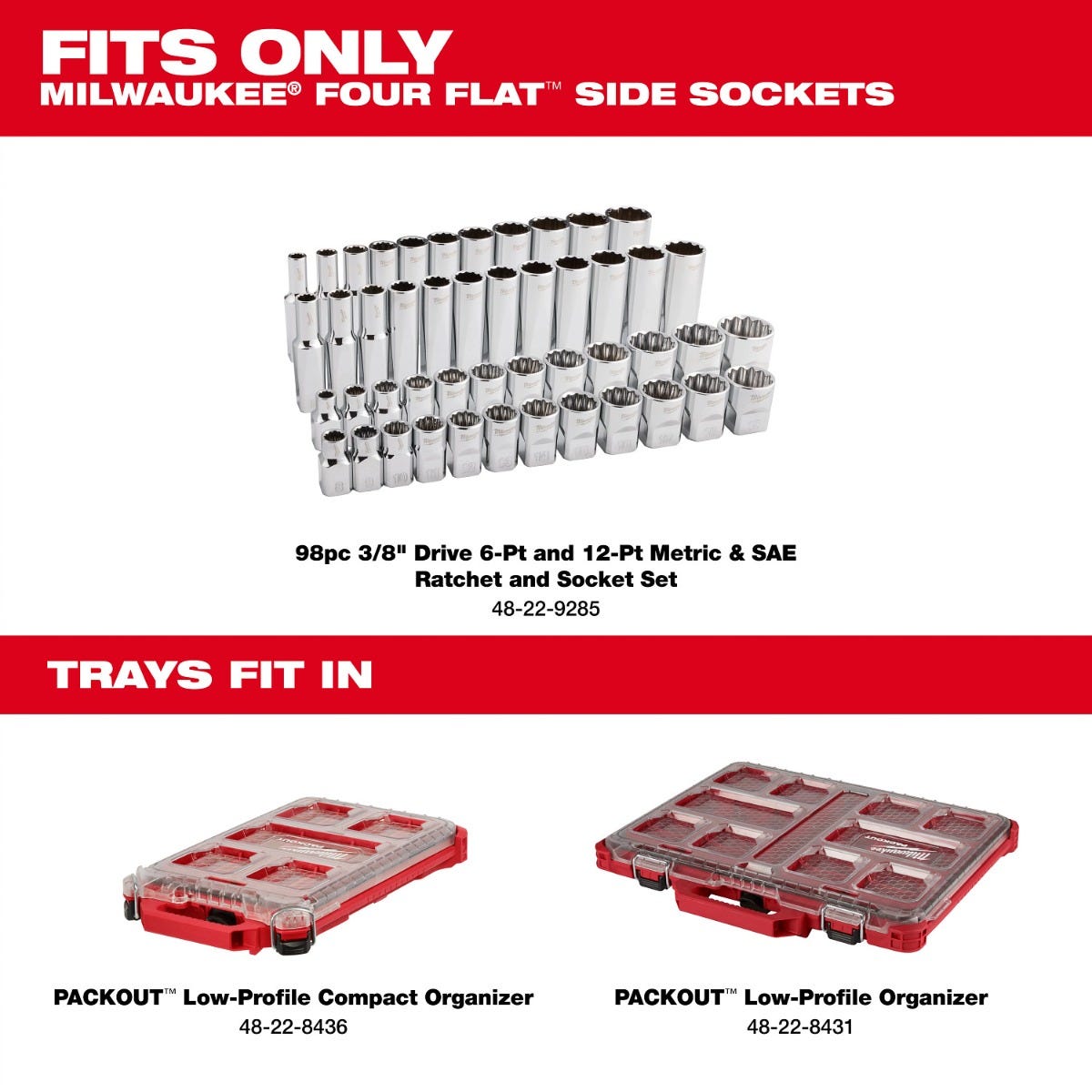 Milwaukee 48-22-9285 PACKOUT Metric / SAE 3/8-in. Ratchet & Socket 98-Piece Low-Profile Organizer Set