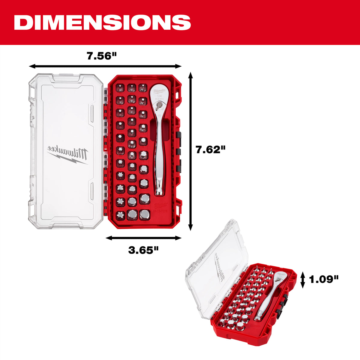 Milwaukee 48-22-9286 34-Piece 1/4-in. Drive Ratchet and Bit Socket Set storage case dimensions