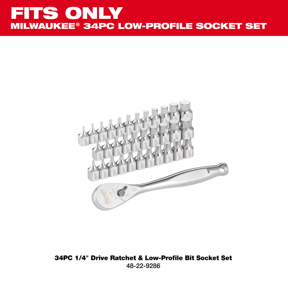 Milwaukee 48-22-9286 34-Piece 1/4-in. Drive Ratchet and Bit Socket Set sockets organized in the removable storage tray