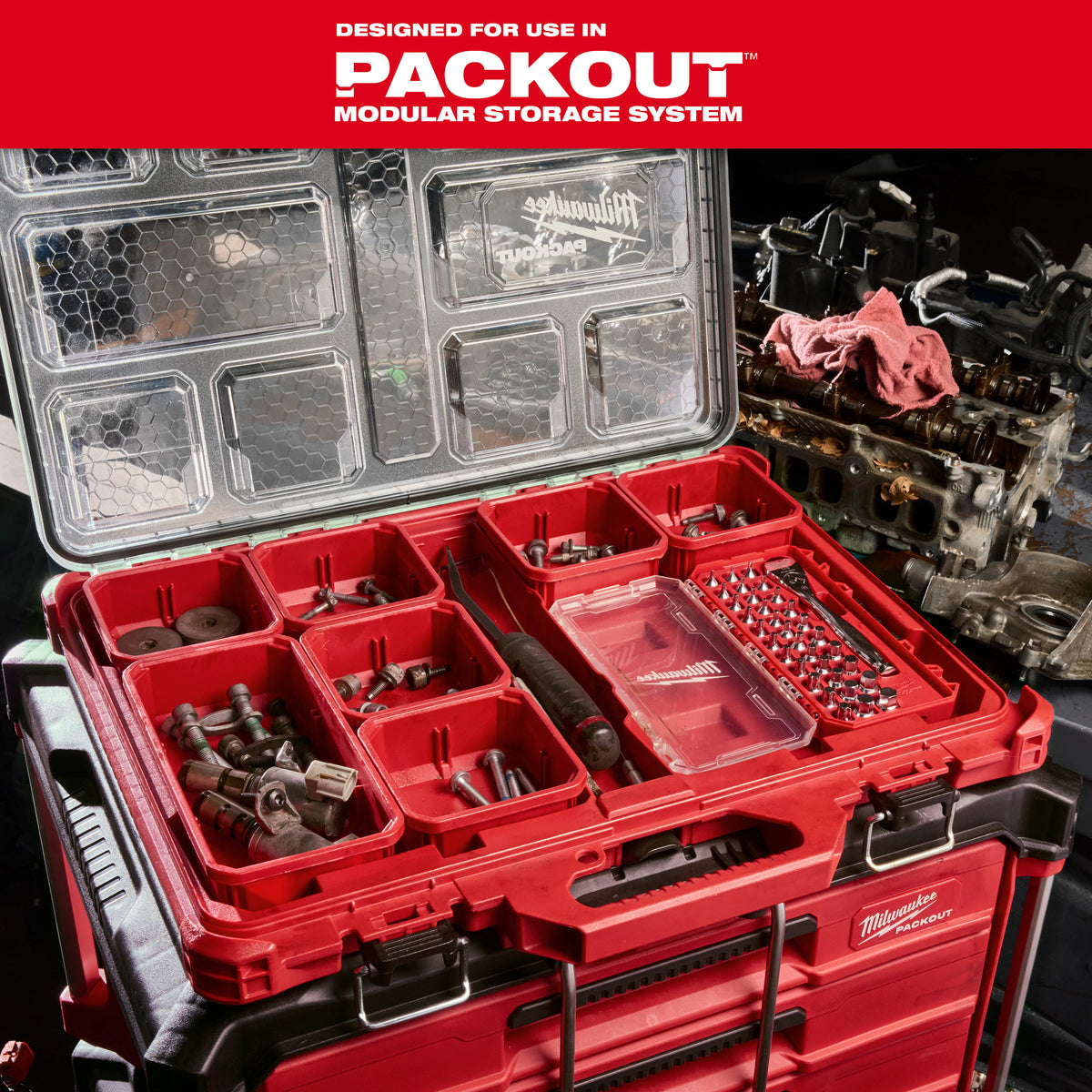 Milwaukee 48-22-9286 34-Piece 1/4-in. Drive Ratchet and Bit Socket Set storage case placed inside a PACKOUT Low-Profile Organizer
