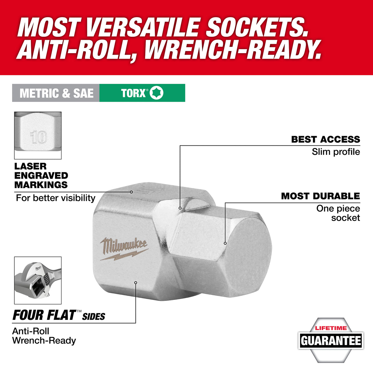 Milwaukee 48-22-9286 34-Piece 1/4-in. Drive Ratchet and Bit Socket Set bit socket walk-around view showing the FOUR FLAT sides and laser-engraved size marking