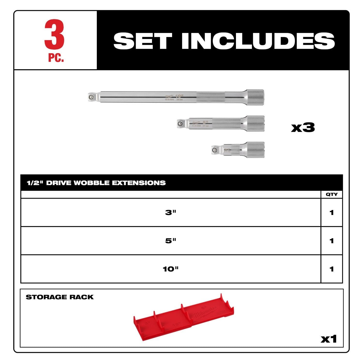 Milwaukee 48-22-9352 3pc 1/2" Drive Wobble Extension Set