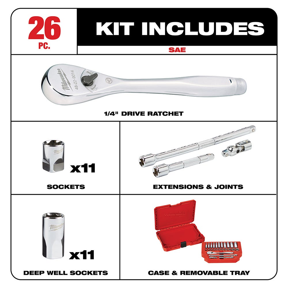 Milwaukee 48-22-9404 1/4" Drive 26-Piece SAE Ratchet & Socket Set