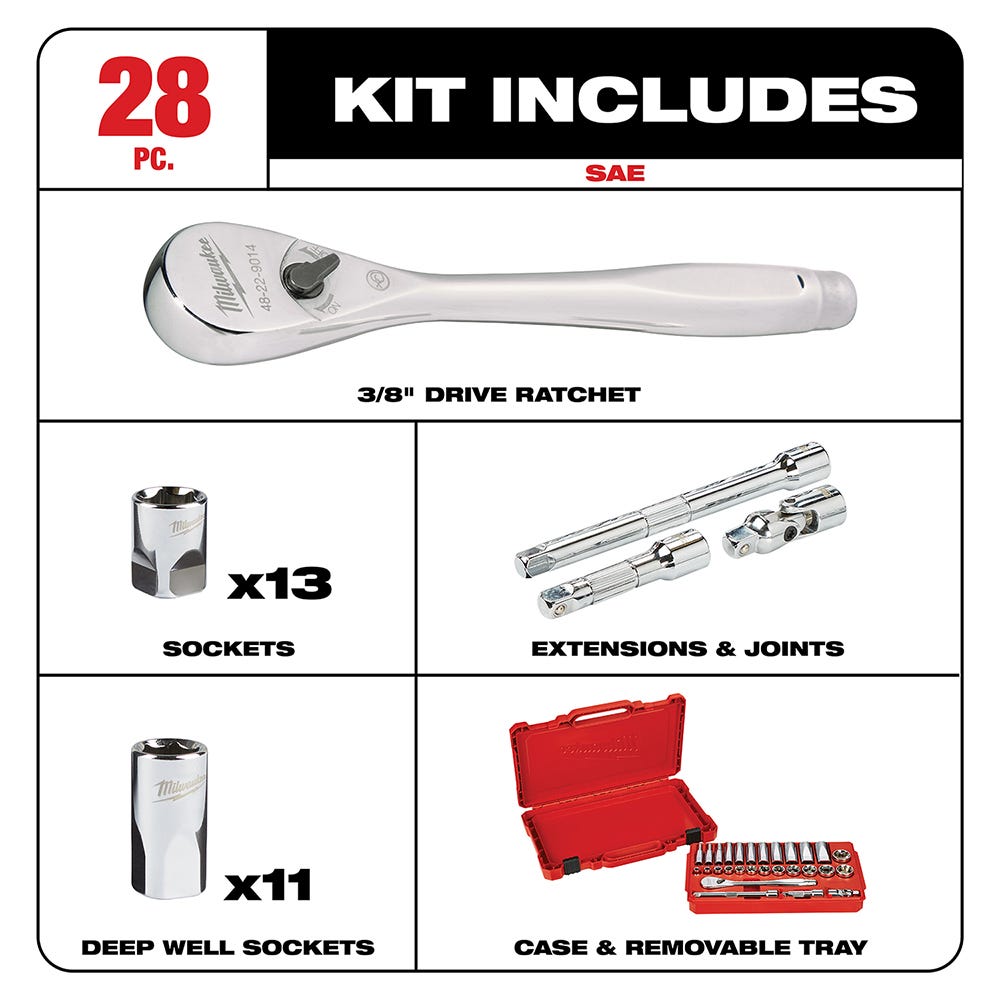 Milwaukee 48-22-9408 3/8" Drive 28-Piece SAE Ratchet & Socket Set