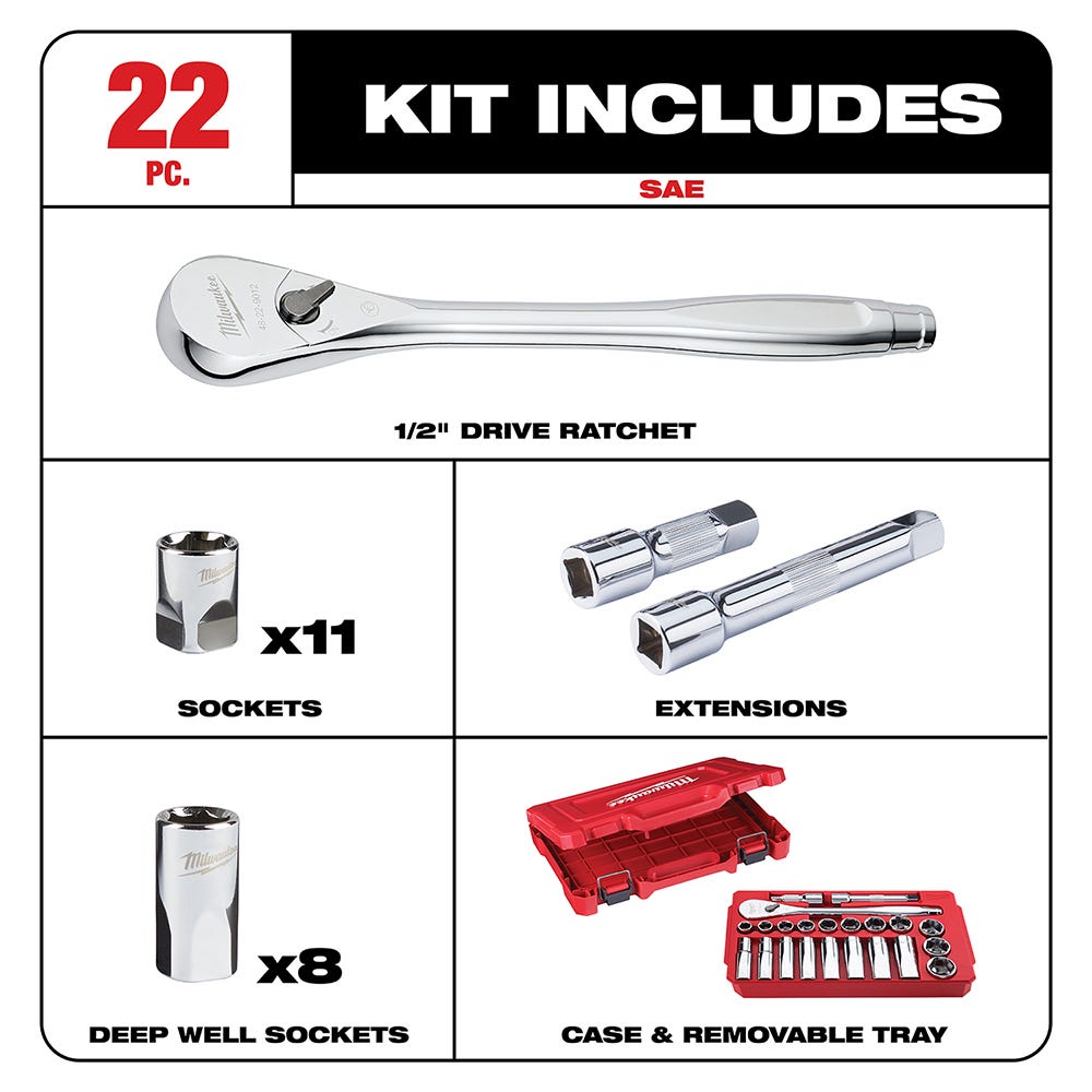 Milwaukee 48-22-9410 1/2" Drive 22-Piece SAE Ratchet & Socket Set