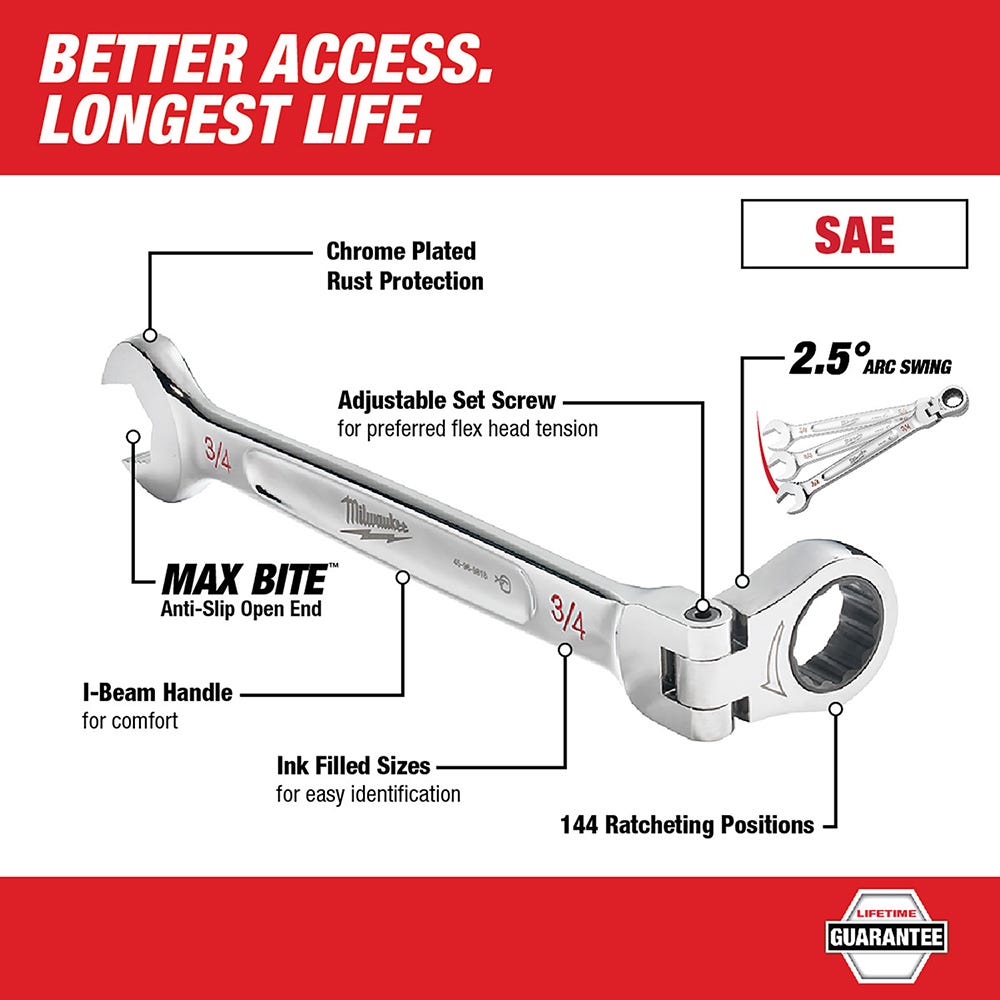 Milwaukee 48-22-9413 SAE Flex Head Ratcheting Combination Wrench, 15-Pieces