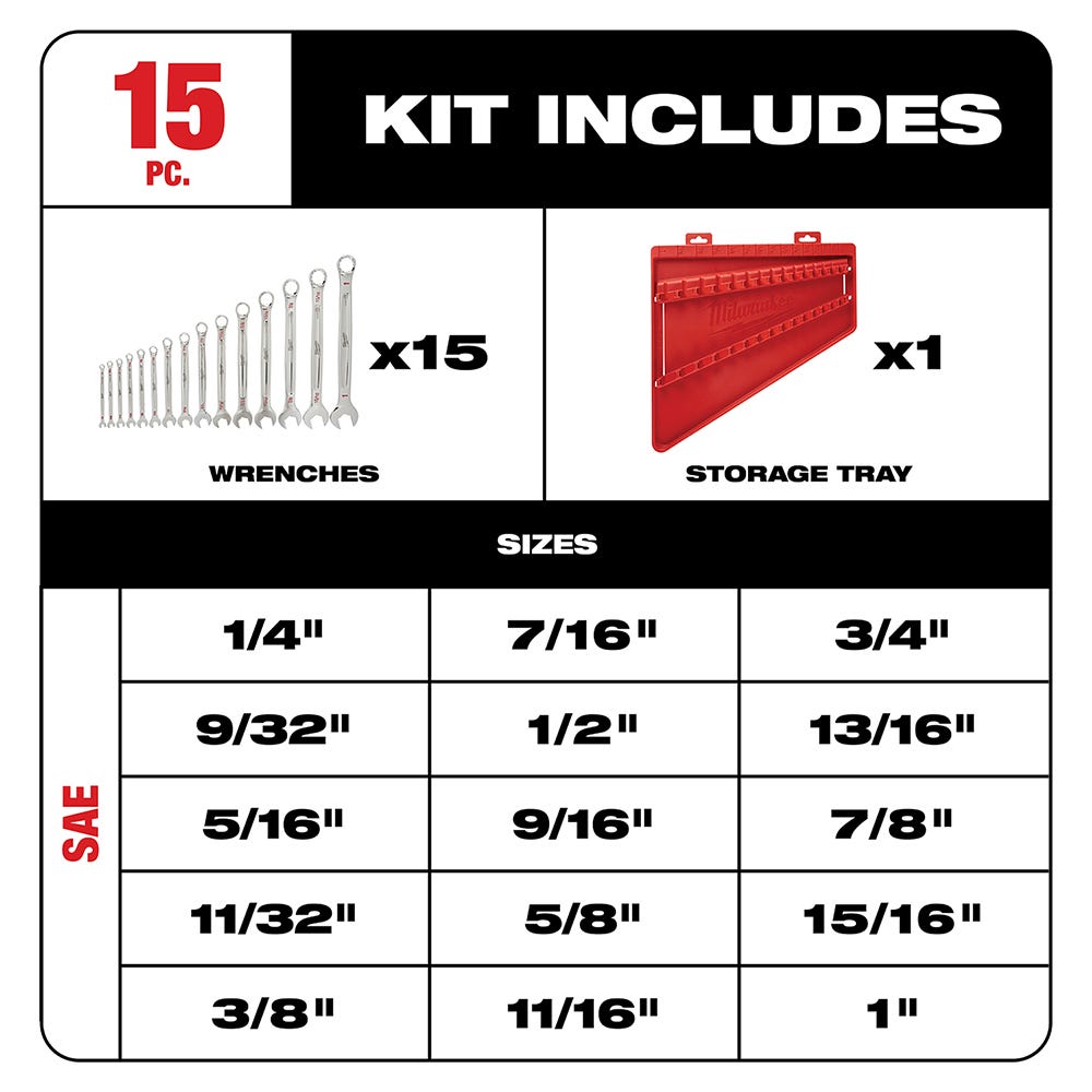 Milwaukee 48-22-9415 15-Piece  Combination Wrench Set - SAE