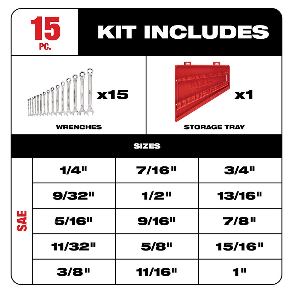 Milwaukee 48-22-9416 15-Piece Ratcheting Combination SAE Wrench Set