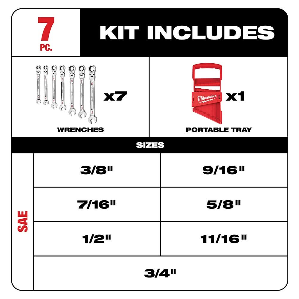 Milwaukee 48-22-9429 SAE Flex Head Combination Wrench, 7-Pieces